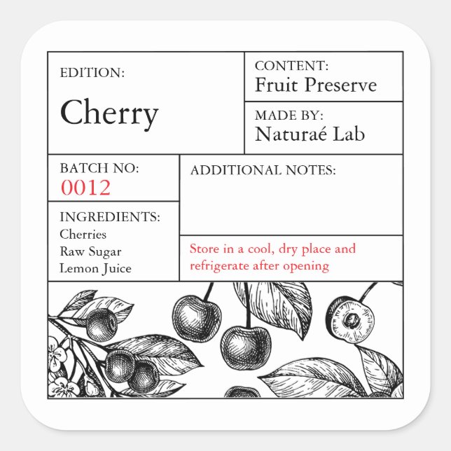 Sticker Carré Black & White Apothecary Cherry label (Devant)