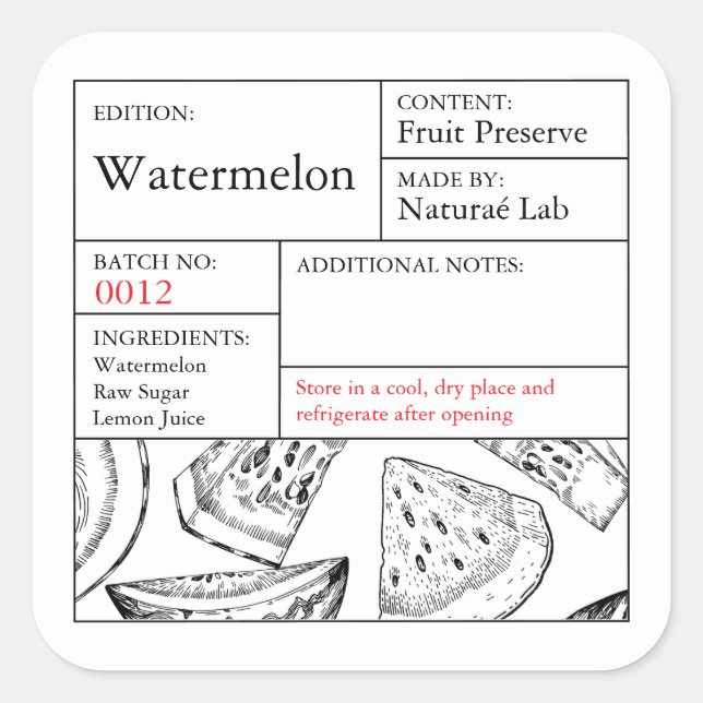 Sticker Carré Black & White Apothecary Watermelon label (Devant)