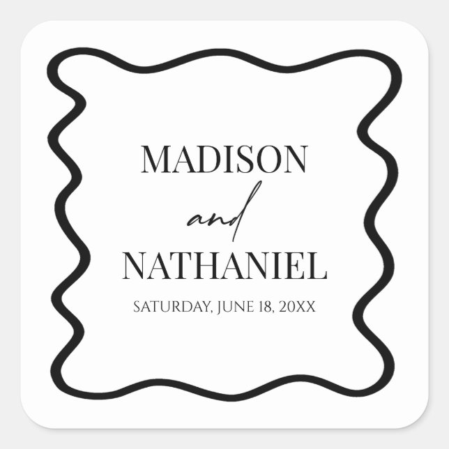 Sticker Carré Black White Elegant Wavy Border Wedding (Devant)