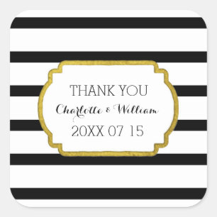 Sticker Carré Black White Stripes Gold Wedding Favor Tags