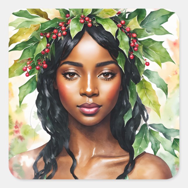 Sticker Carré Black Woman Christmas Holly Aquarelle Art (Devant)