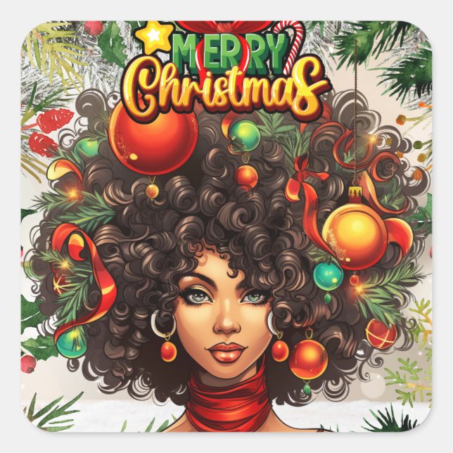 Sticker Carré Black Woman Melanin Noël Afro Natural Queen (Devant)