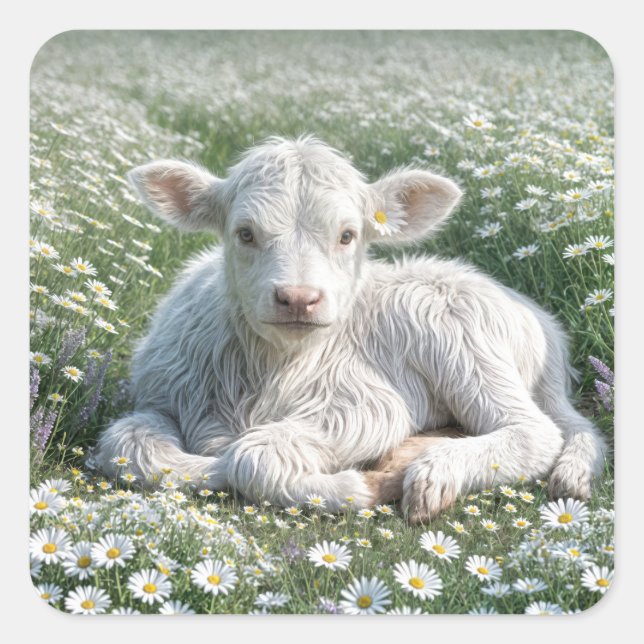 Sticker Carré Blanc Écossais Haut-Calf Dans Le pré De Daisy (Devant)