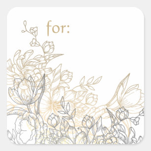 Sticker Carré Blanc Gris Vintage Doré Floral Élégant Rouleau