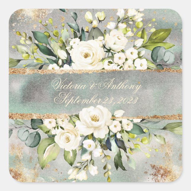 Sticker Carré Blanc or Botanique Floral Sage Vert Mariage (Devant)