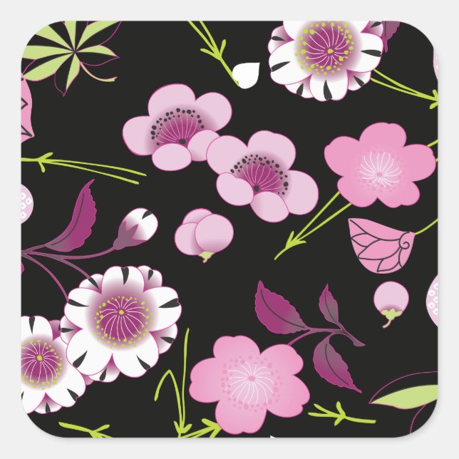 Sticker Carré Blanc rose fin japonais Floral Kimono Motif (Devant)