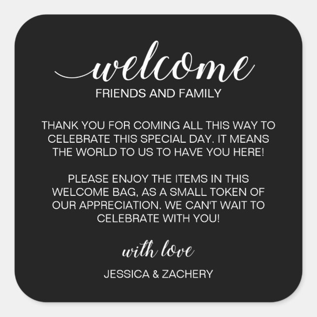 Sticker Carré Blanc sur Mariage noir Bienvenue Sac cadeau Panier (Devant)