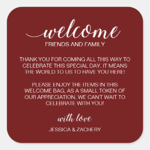 Sticker Carré Blanc sur Mariage rouge foncé Bienvenue Panier cad