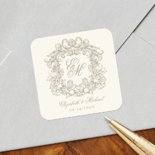 Sticker Carré Blason de monogramme de mariage élégant en ivoire 