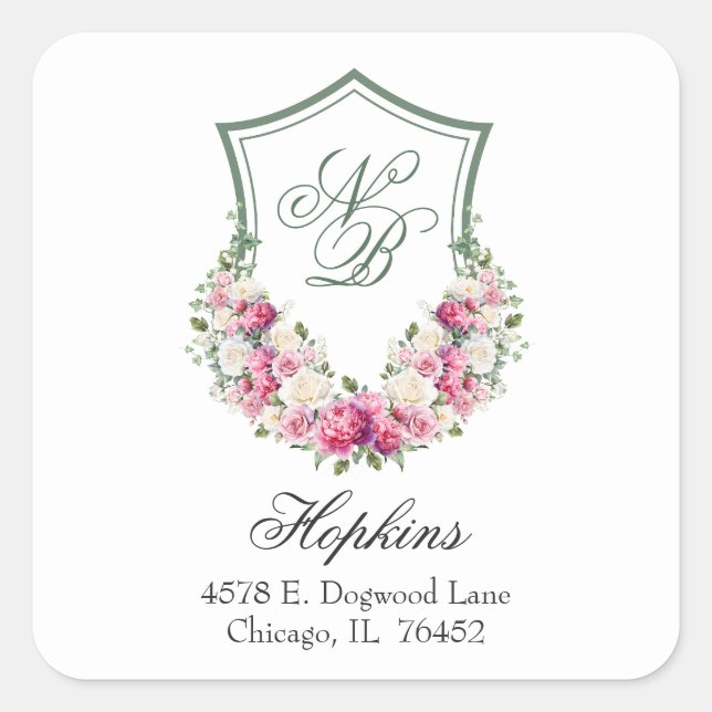 Sticker Carré Blason Floral Rose Adresse de Retour de Mariage (Devant)