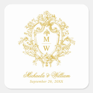 Sticker Carré Blason Monogramme Régence Vintage de Mariage