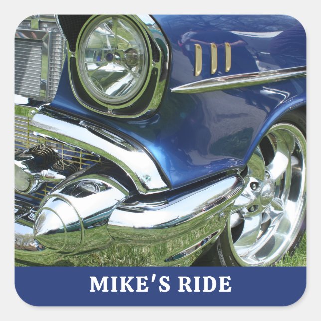 Sticker Carré Bleu 1957 Chevy, nom ou message, votre photo (Devant)