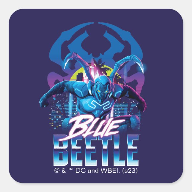 Sticker Carré Bleu Beetle Rétrowave Ville coucher du soleil (Devant)