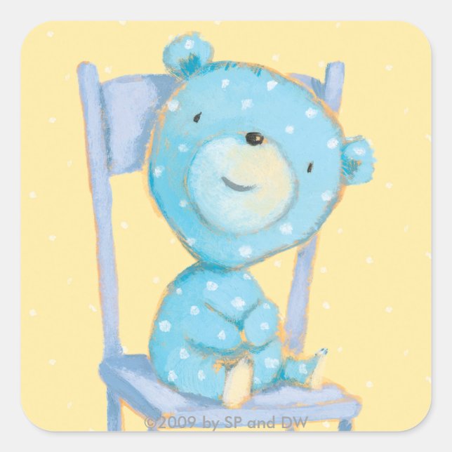 Sticker Carré Bleu Calico Ours sourire sur la chaise (Devant)