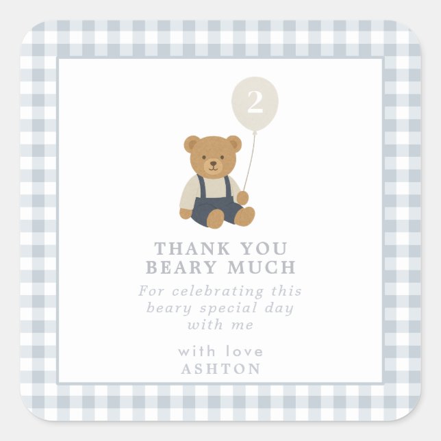 Sticker Carré Bleu clair En vichy Ours en Teddy Anniversaire (Devant)