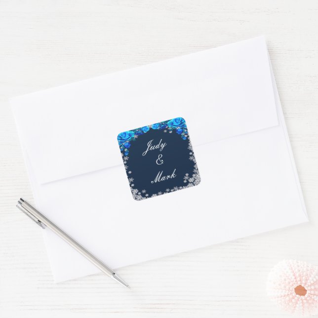 Sticker Carré Bleu clair Roses Flamme de neige Mariage de Noël p (Enveloppe)
