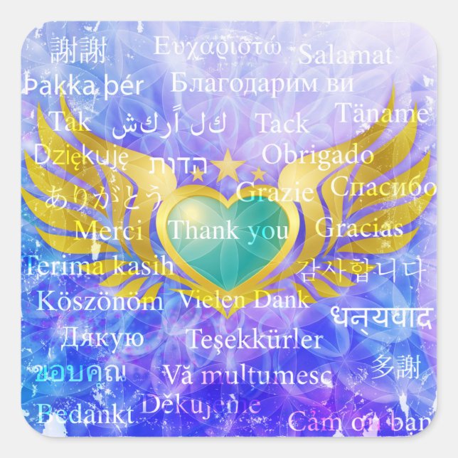 Sticker Carré Bleu Coeur Ange Ailes avec MERCI 31 langues (Devant)