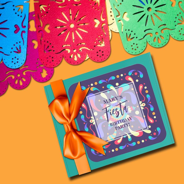 Sticker Carré Bleu coloré Fiesta (Colorful Fiesta Blue Square Birthday Stickers)