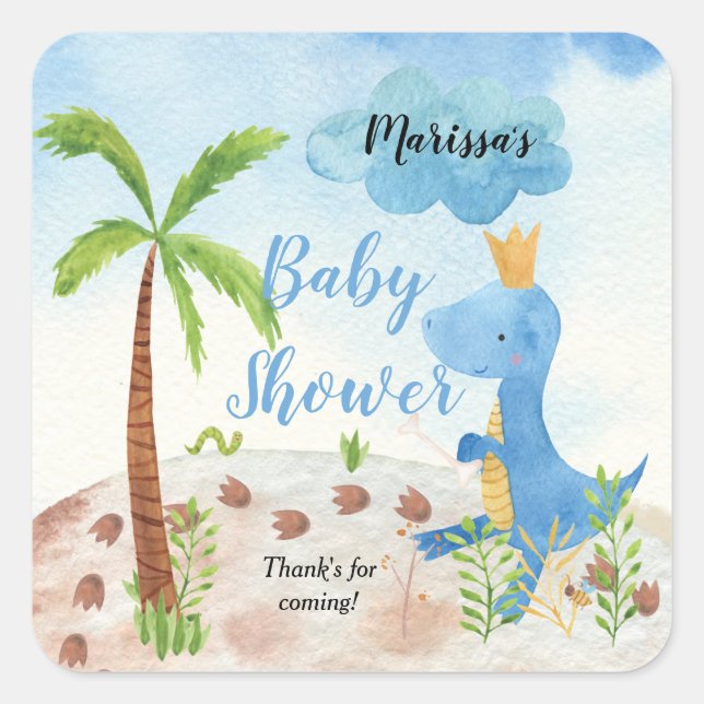 Sticker Carré Bleu Cute Dinosaur Palm Tree Baby shower garçon (Devant)