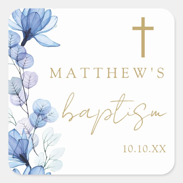 Sticker Carré Bleu Dusty Élégant Baptême Floral Moderne (Devant)