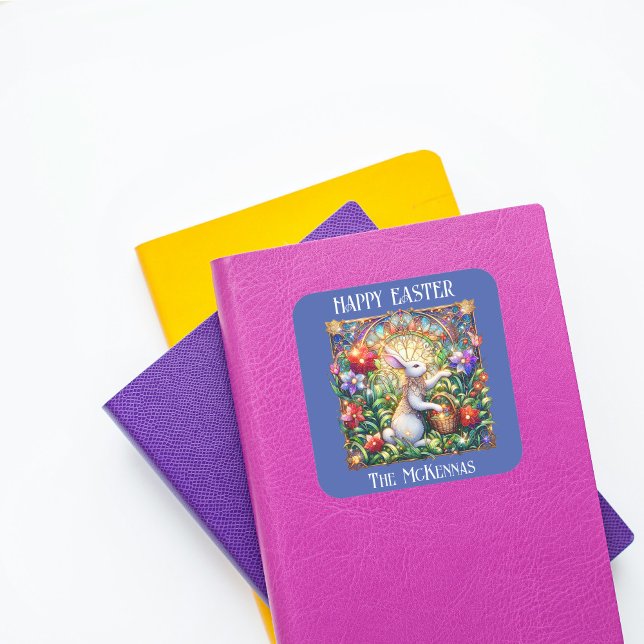 Sticker Carré Bleu Elegant Art Nouveau Bunny Jardin Pâques (Créateur téléchargé)