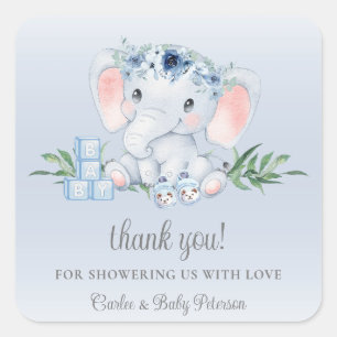 Sticker Carré Bleu Eléphant Bleu Baby shower garçon Floral