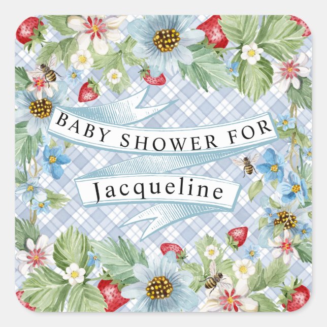 Sticker Carré Bleu En vichy fraise Berry Baby to Bee Douche (Devant)