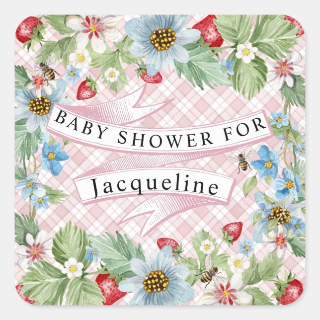 Sticker Carré Bleu En vichy fraise Berry Baby to Bee Douche (Devant)