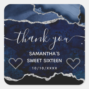 Sticker Carré Bleu et Argent Paillettes Marbre Agate Sweet 16