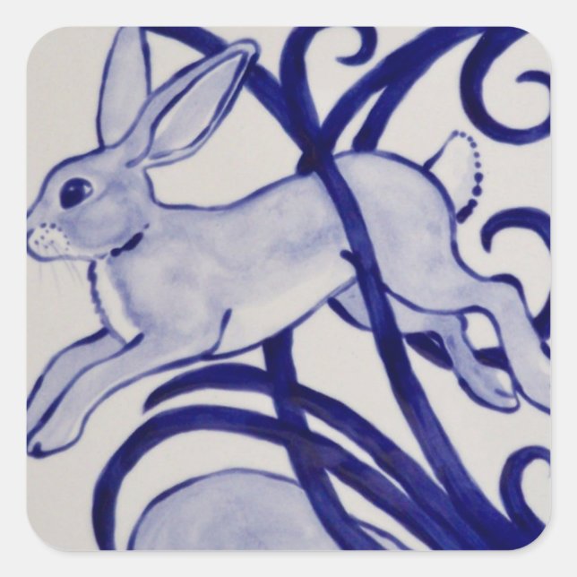 Sticker Carré Bleu et blanc Art déco Lapin Carrelage Cadeau (Devant)