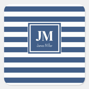 Sticker Carré Bleu et blanc Rayures nautiques Monogramme