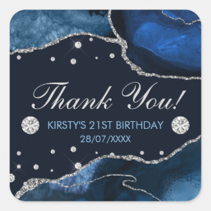 Sticker Carré Bleu et Faux Argent Paillettes Anniversaire Agate