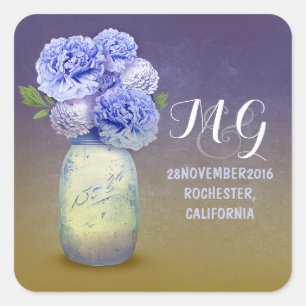 Sticker Carré Bleu fleurs peint mât bâtonnets de mariage pot