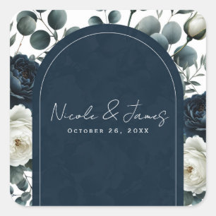 Sticker Carré Bleu foncé et blanc Moderne Floral Mariage