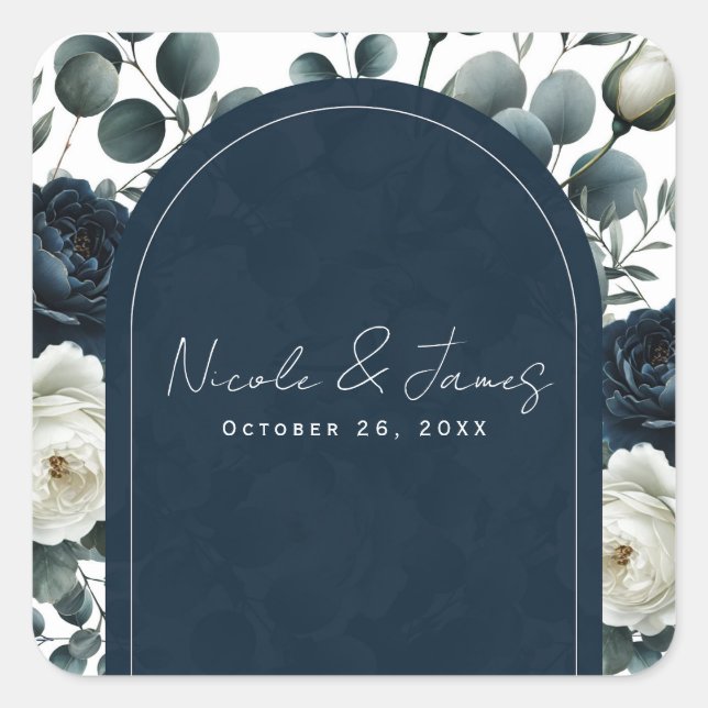 Sticker Carré Bleu foncé et blanc Moderne Floral Mariage (Devant)