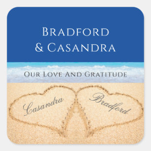 Sticker Carré Bleu foncé Plage Mariage 2 Coeurs dans le sable