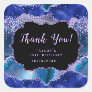 Sticker Carré Bleu foncé Violet Océan Agate Anniversaire Merci