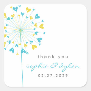 Sticker Carré Bleu & Jaune Dandelion Fleur Amour Coeurs Mariage