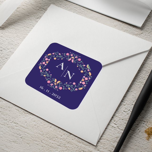Sticker Carré Bleu Joli Monogramme Joli Mariage floral coloré (Blue Pretty Monogram Cute Colorful Floral Wedding Square Sticker)