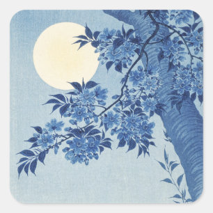 Sticker Carré Bleu Lune Fleur Arbre Sous le Ciel Nocturne