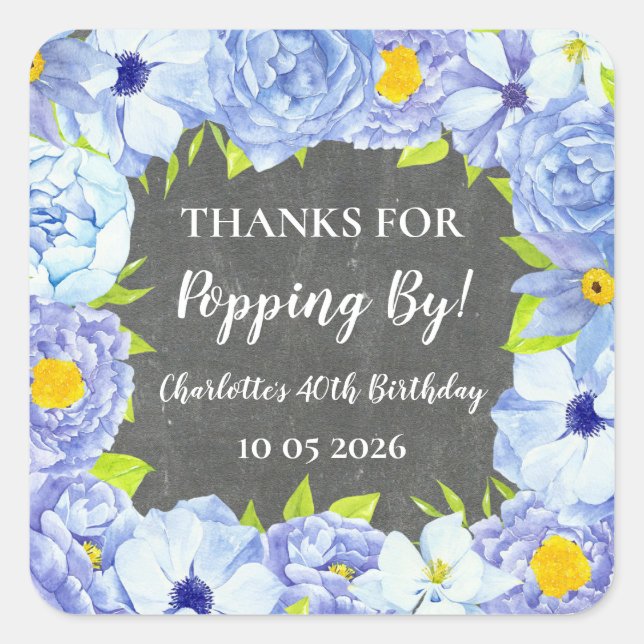 Sticker Carré Bleu Merci pour la balise Popping By Birthday (Devant)