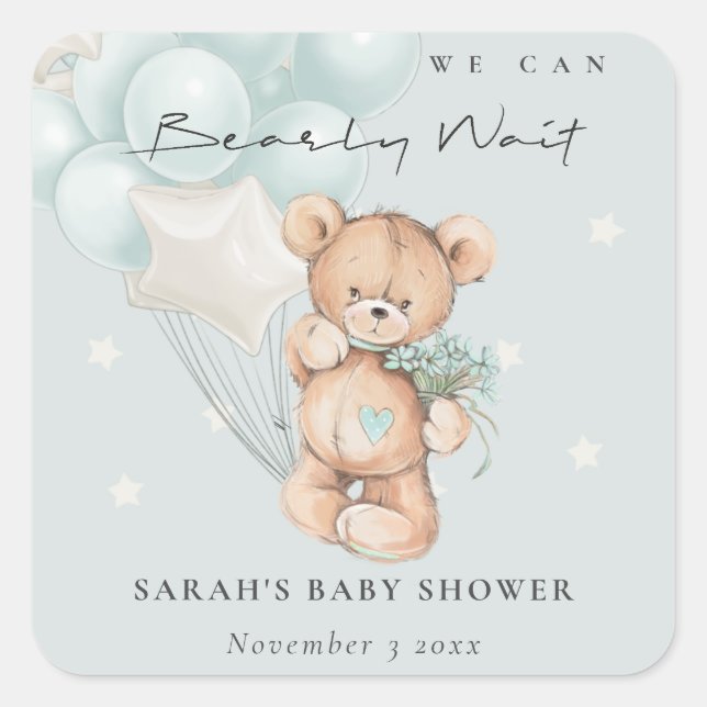 Sticker Carré Bleu mou Baby shower à ballon d'ours d'attente (Devant)
