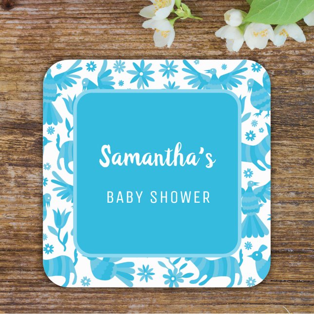 Sticker Carré Bleu otomi mexicaine baby shower Carré plaque papi (Créateur téléchargé)
