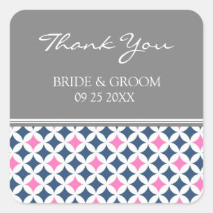 Sticker Carré Bleu rose gris Merci Mariage Favor Tags
