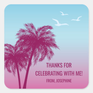 Sticker Carré Bleu Rose Palmiers Tropicaux Anniversaire Merci