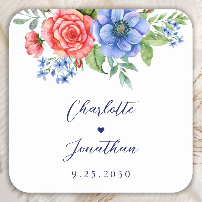 Sticker Carré Bleu Rouge Floral 4 Juillet Mariage patriotique (Créateur téléchargé)