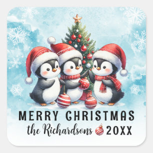 Sticker Carré Bleu rouge Trois pingouins amusants Joyeux Noël