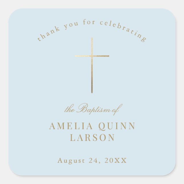 Sticker Carré Bleu Simple Elegant Croix Or Baptême Christening (Devant)