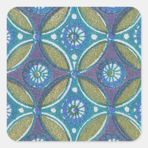 Sticker Carré Bleu vert Rustique Boho Motif circulaire géométriq