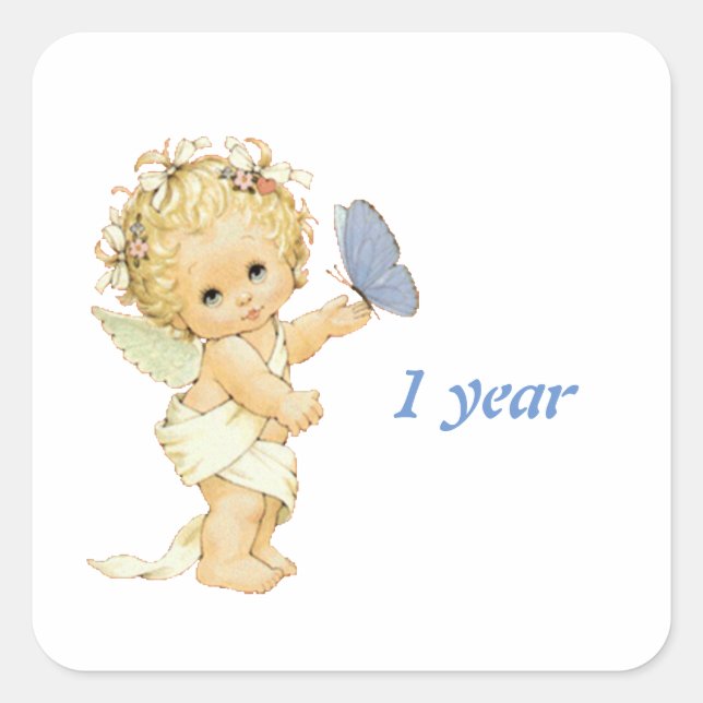 Sticker Carré Blonde Ange bébé avec un papillon. Un an de gâteau (Devant)